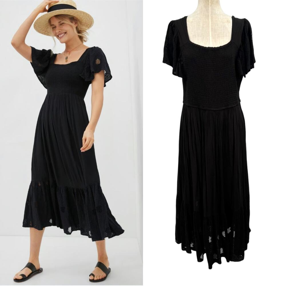 Anthropologie Seen Worn Kept Zohara Dress Smocked Eyelet Black Plus Size 1X - Picture 1 of 13